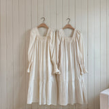 Mama's Vintage Puff Sleeve Dress | Beige Stripe