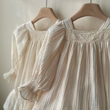 Vintage Puff Sleeve Dress | Beige Stripe