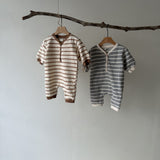 Striped Button Romper | Beige