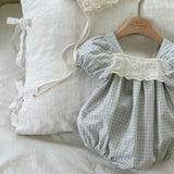 Bear Embroidered Check Romper