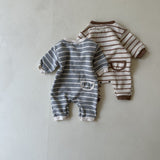 Striped Button Romper | Grey