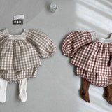 Gingham Eyelet Bloomer Set - Brown